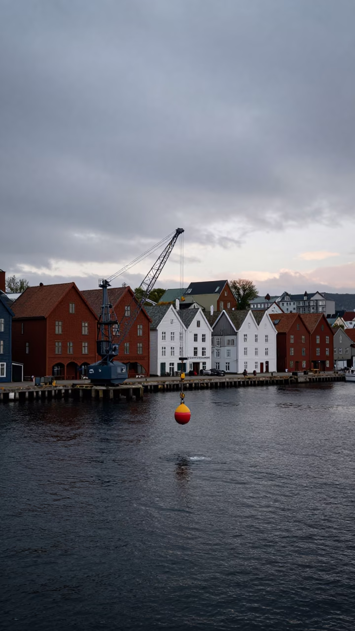Bergen Norway Nautical Dawn Hydrophone Buoy Crane Over Bryggen Harbor Water in in Bergen, Norway