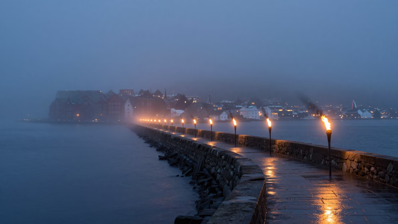 Bergen Norway Nautical Dawn Sea Fog Breakwater and Torches in in Bergen, Norway