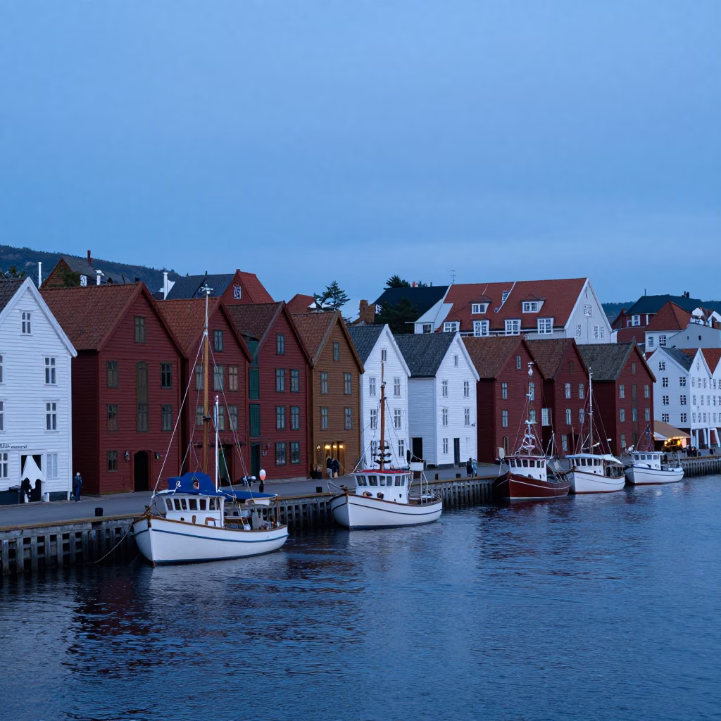 Bergen Norway Nautical Dawn Street Scene with Traditional Rorbuer and Fishing Boats in in Bergen, Norway