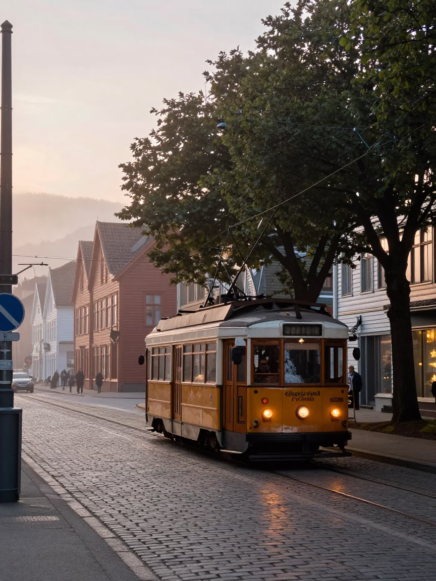 Bergen Norway Nautical Dawn Street Scene with Tramcar on Tree Lined Boulevard in in Bergen, Norway
