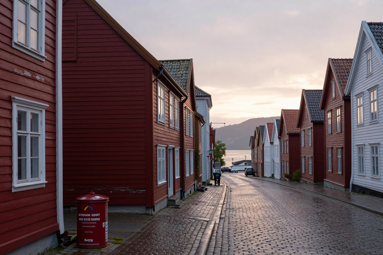 Bergen Norway Nautical Dawn Street Scene with Vintage Coffee Tin and Rain-Slicked Cobblestones in in Bergen, Norway