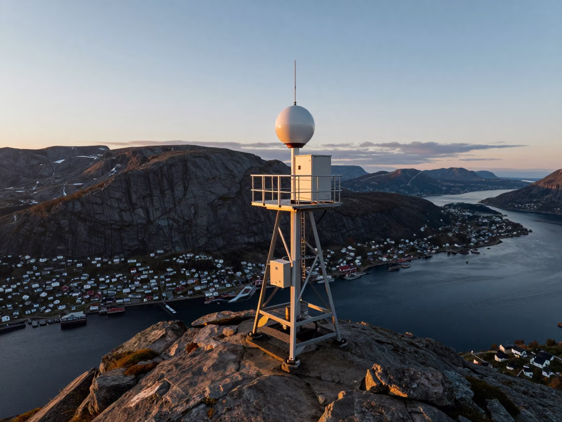 Bergen Norway Nautical Dawn Weather Station Equipment on Mountaintop Ridge in in Bergen, Norway