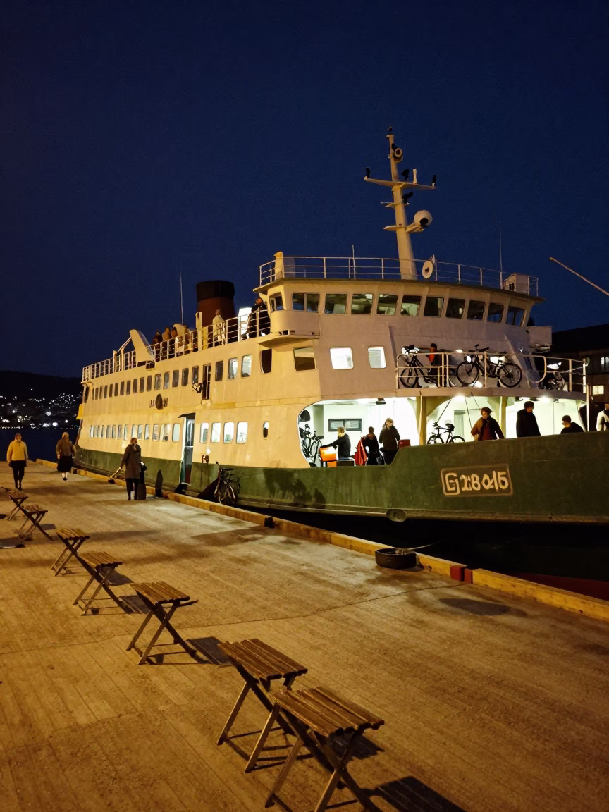 Bergen Norway Night Ferry Dock with Folding Stools and Industrial Rail Catenary in in Bergen, Norway