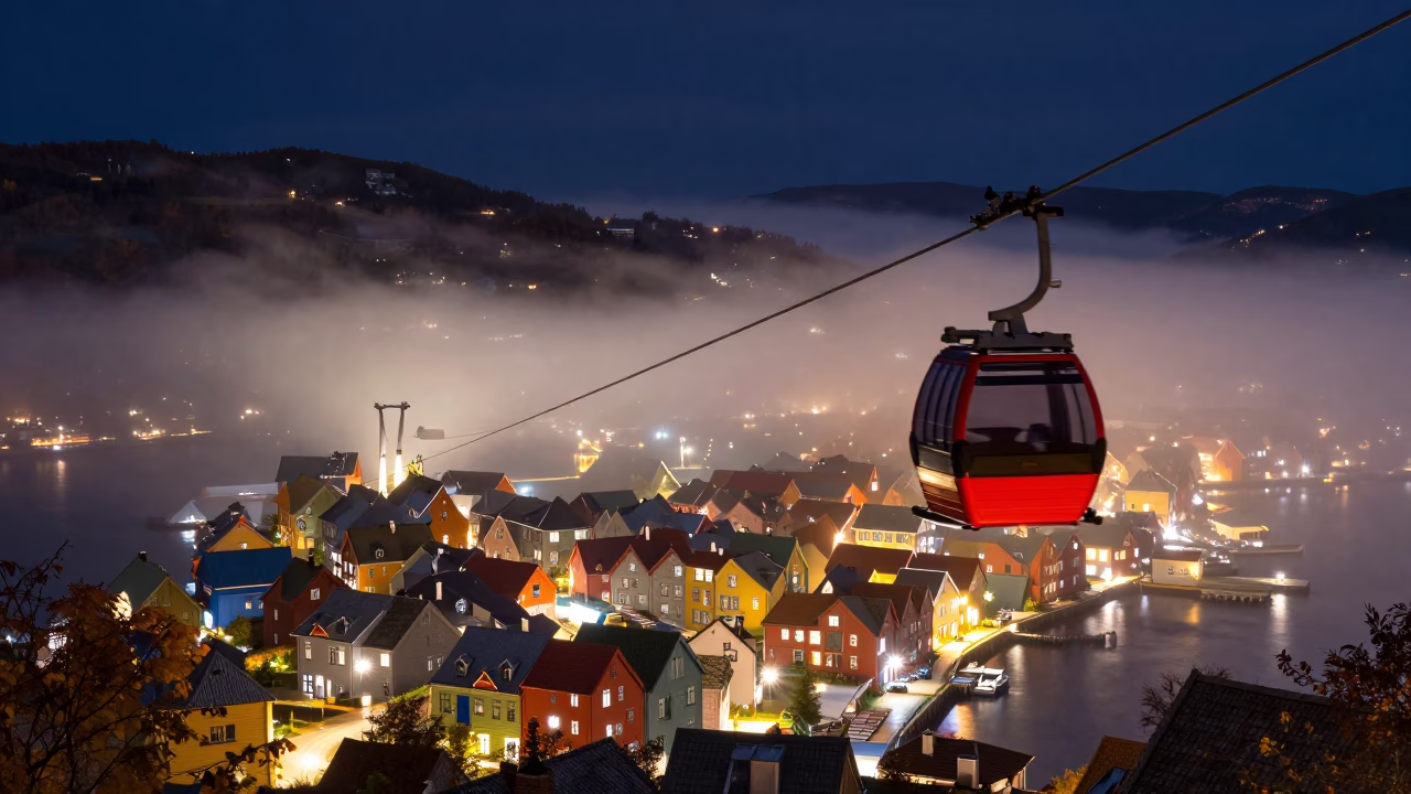 Bergen Norway Night Gondola Lift Through Autumn Mist Over Historic Wharf in in Bergen, Norway