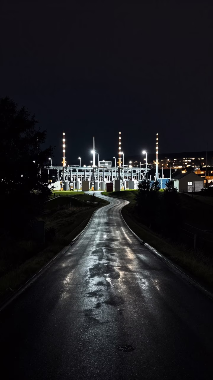Bergen Norway Night Landscape with Oil Sheen Rainwater at Substation Access Road in in Bergen, Norway