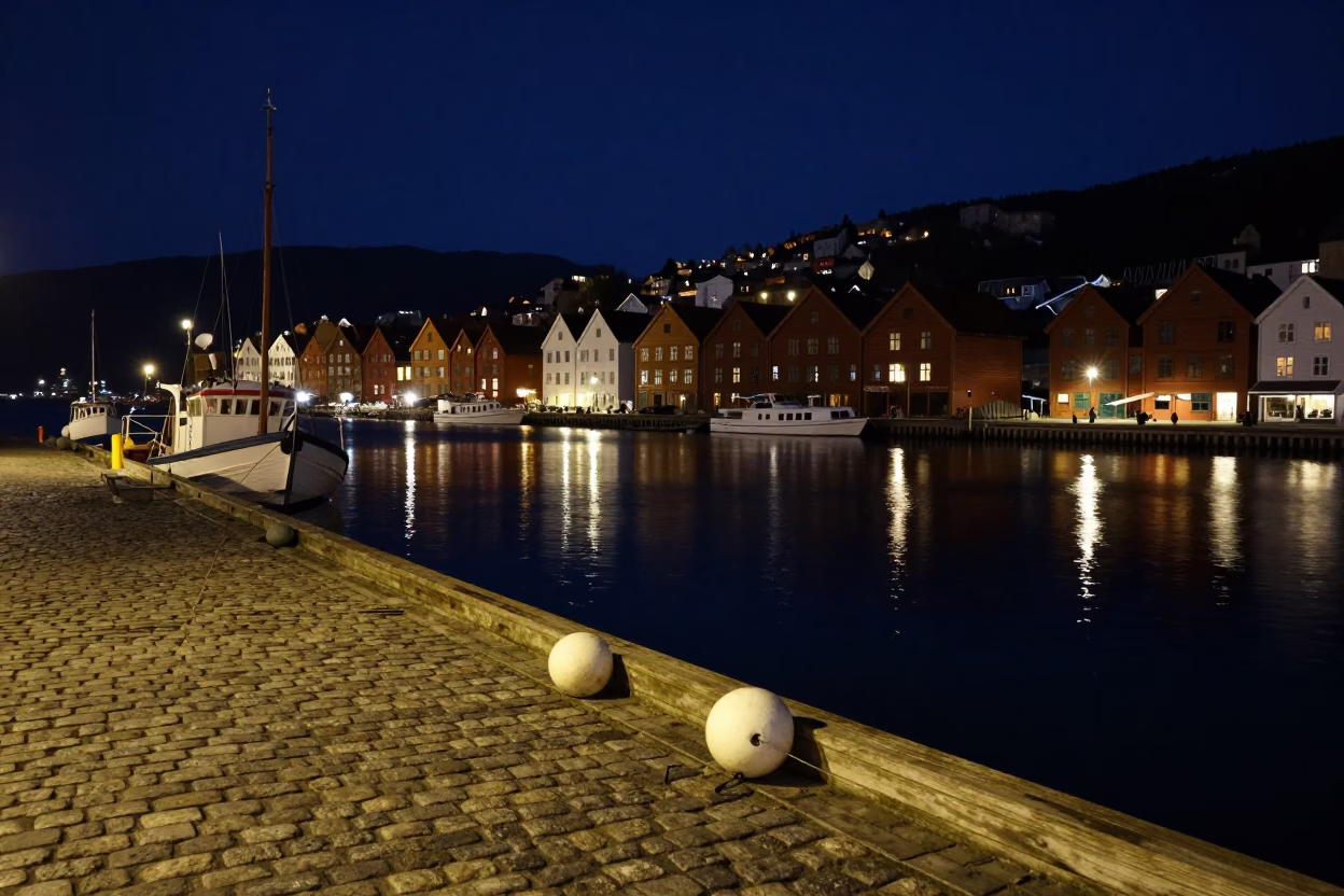 Bergen Norway Night Scene with Fishing Floats and Cobblestone Wharf in in Bergen, Norway