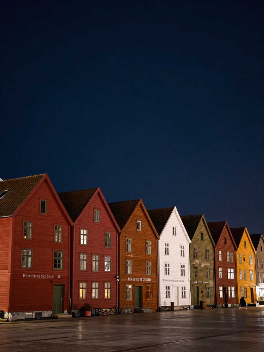 Bergen Norway Night Sky Above Colorful Bryggen Wharf Wooden Buildings in in Bergen, Norway
