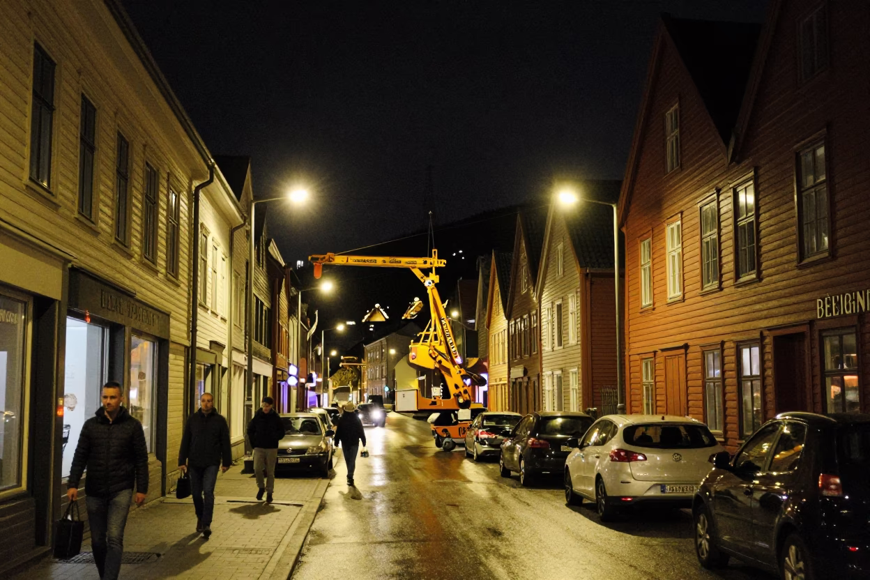 Bergen Norway Night Street Scene with Bridge Maintenance Cradle and Vintage Atmosphere in in Bergen, Norway