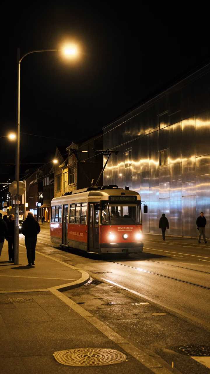 Bergen Norway Night Street Scene with Cable Car and Brushed Steel Wall in in Bergen, Norway