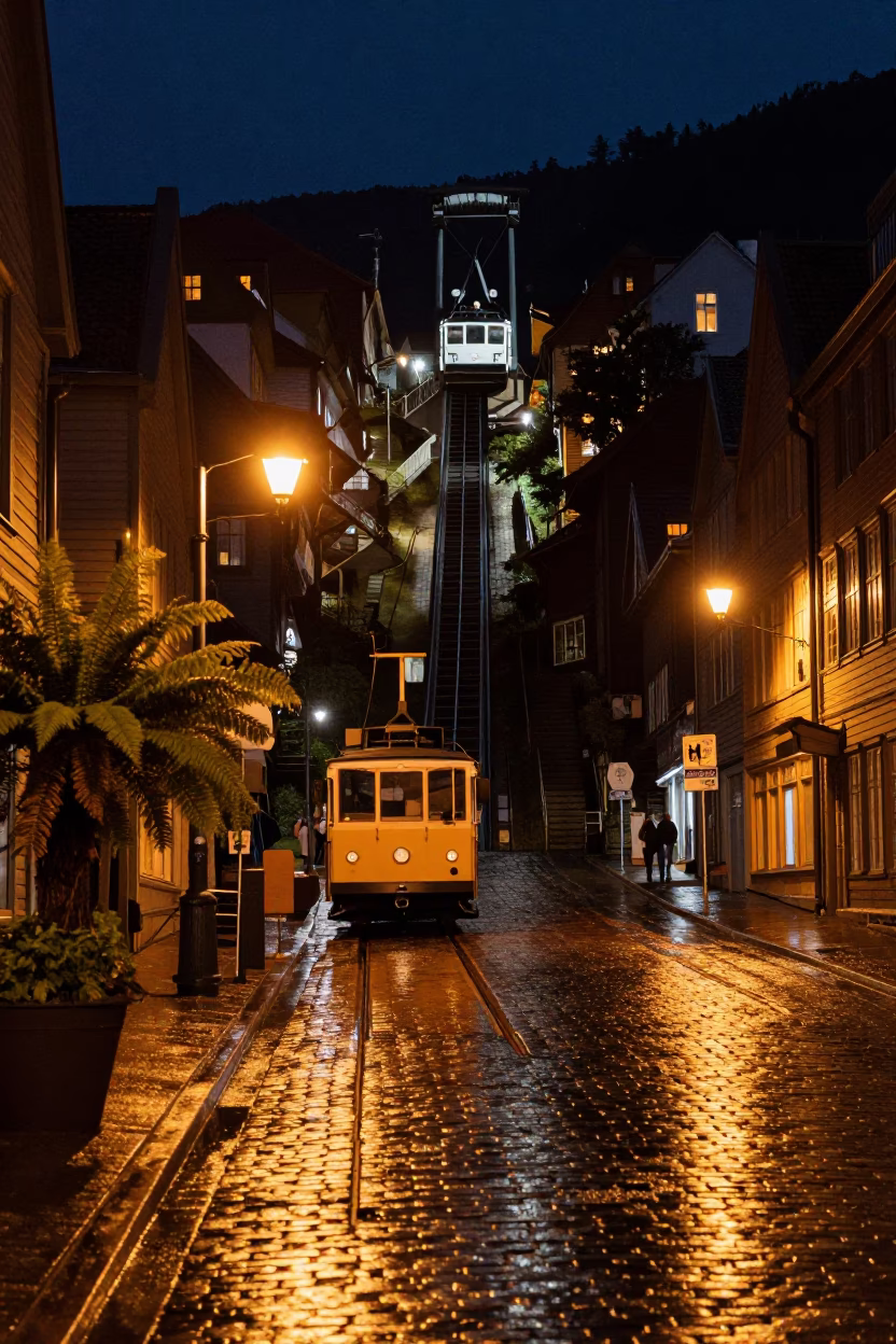 Bergen Norway Night Street Scene with Cable Car and Ferns in in Bergen, Norway