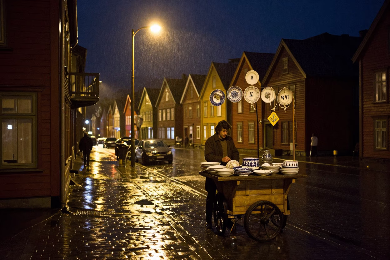 Bergen Norway Night Street Scene with Ceramic Plates and Twine Fibers in in Bergen, Norway