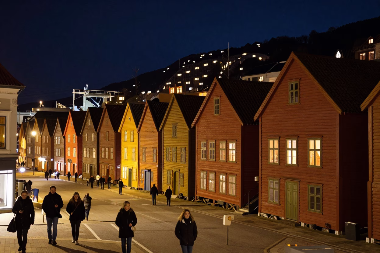 Bergen Norway Night Street Scene with Colorful Houses and Penstock Snow in in Bergen, Norway