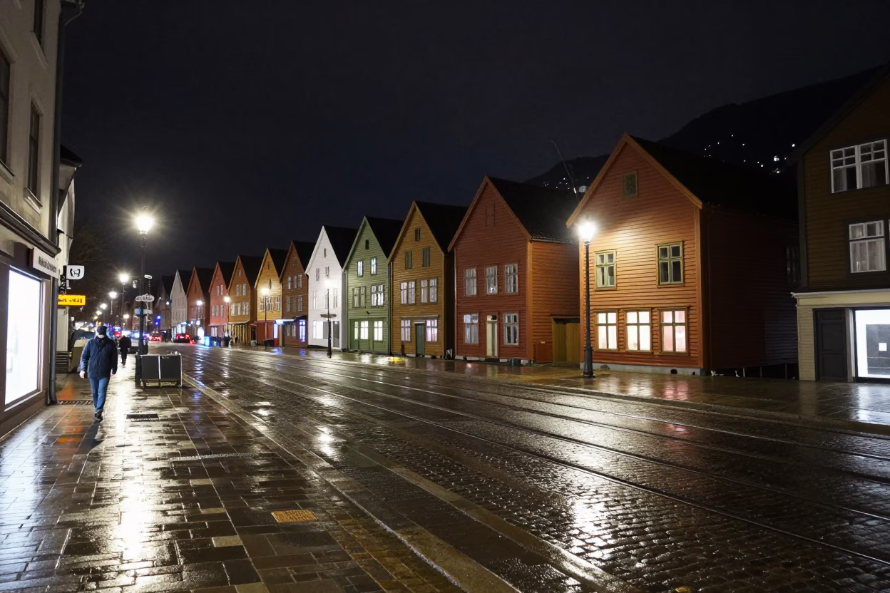 Bergen Norway Night Street Scene with Funicular Railway and Wet Cobblestones in in Bergen, Norway