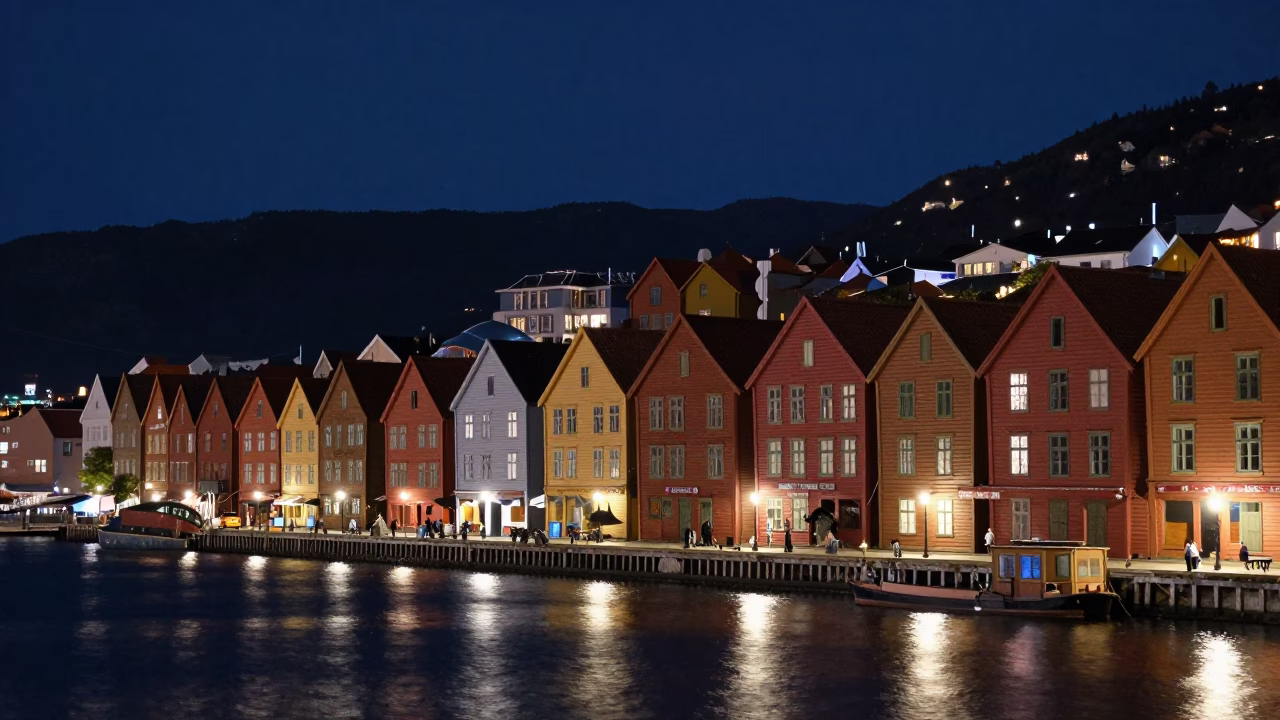 Bergen Norway Night Street Scene with Historic Bryggen Wharf and Harbor Reflections in in Bergen, Norway