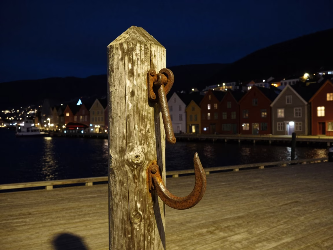 Bergen Norway Night Street Scene with Iron Hook on Wooden Dock in in Bergen, Norway