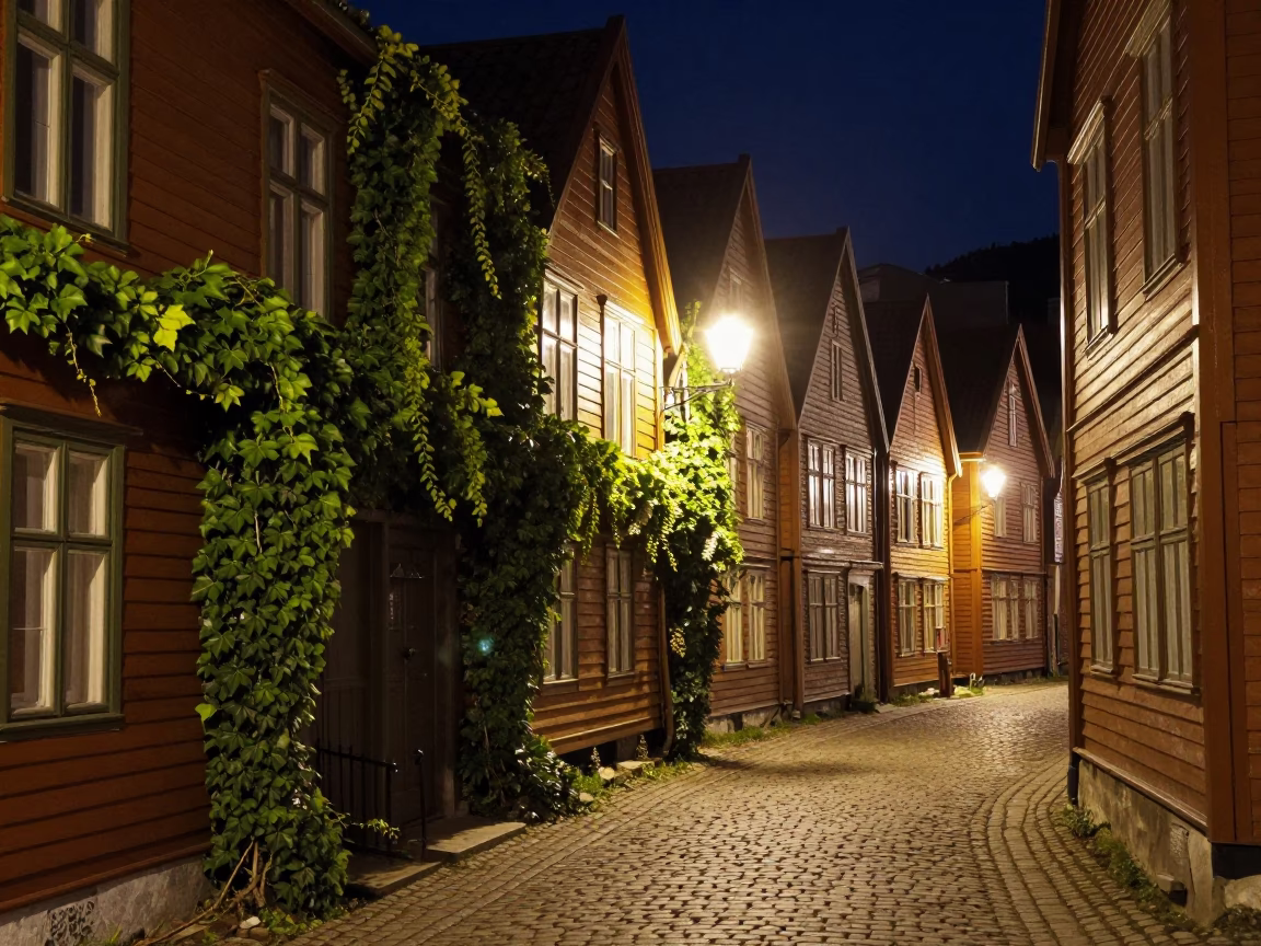 Bergen Norway Night Street Scene with Ivy Vines and Cobblestone Alleyway in in Bergen, Norway