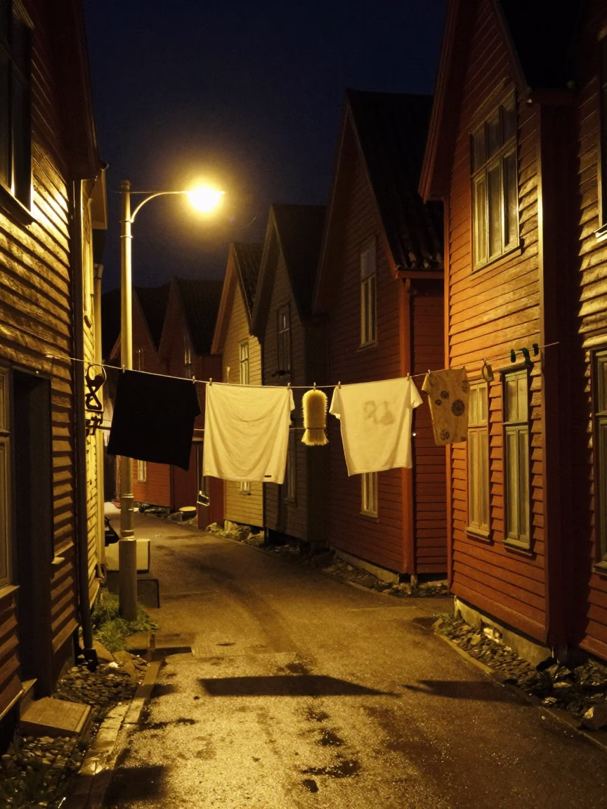 Bergen Norway Night Street Scene with Laundry Pins and Brushed Steel Wall in in Bergen, Norway