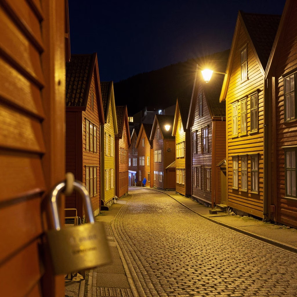 Bergen Norway night street scene with padlock on historic Bryghan wharf in in Bergen, Norway