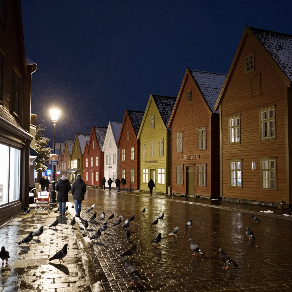 Bergen Norway Night Street Scene with Pigeons and Snow Under Deep Night Sky in in Bergen, Norway
