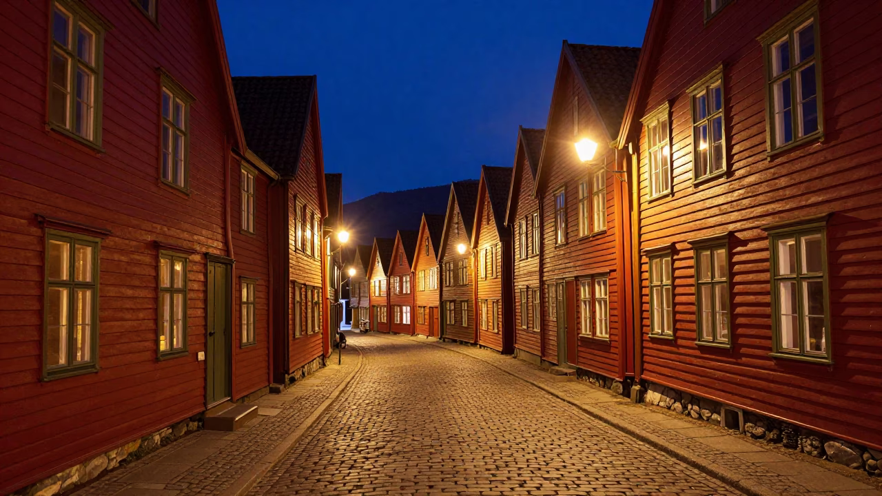 Bergen Norway night street scene with red wooden houses and wet cobblestones in in Bergen, Norway