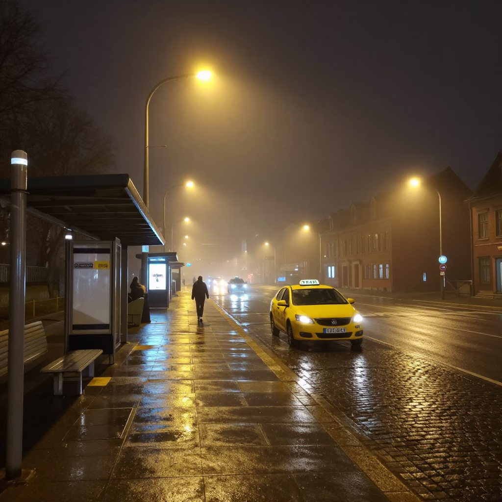 Bergen Norway Night Street Scene with Taxi Rank and Foggy Atmosphere in in Bergen, Norway