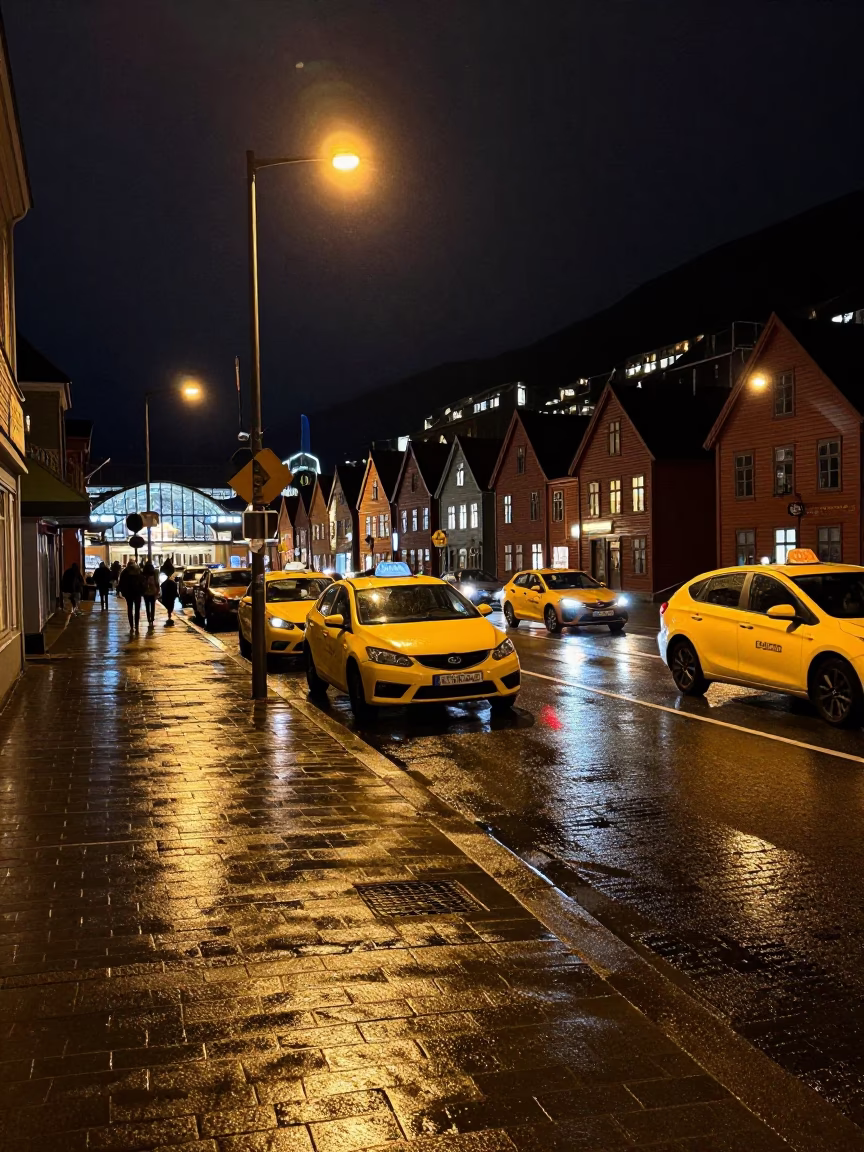 Bergen Norway Night Street Scene with Taxi Rank and Wet Cobblestones in in Bergen, Norway