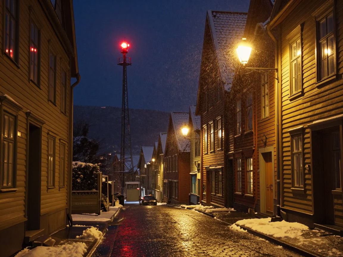 Bergen Norway Night Street Scene with Telecommunication Mast Beacon and Snow in in Bergen, Norway