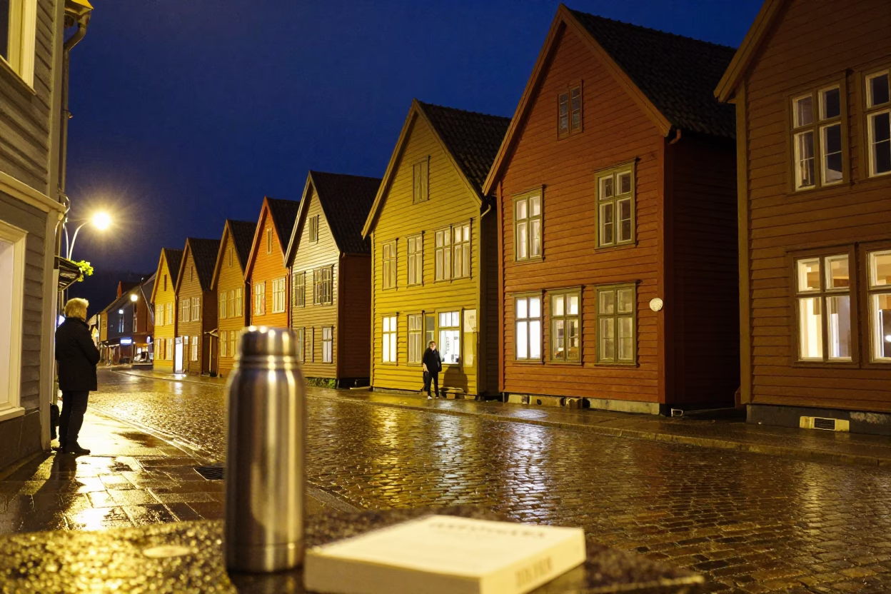 Bergen Norway Night Street Scene with Thermos and Paperback Under Deep Sky in in Bergen, Norway