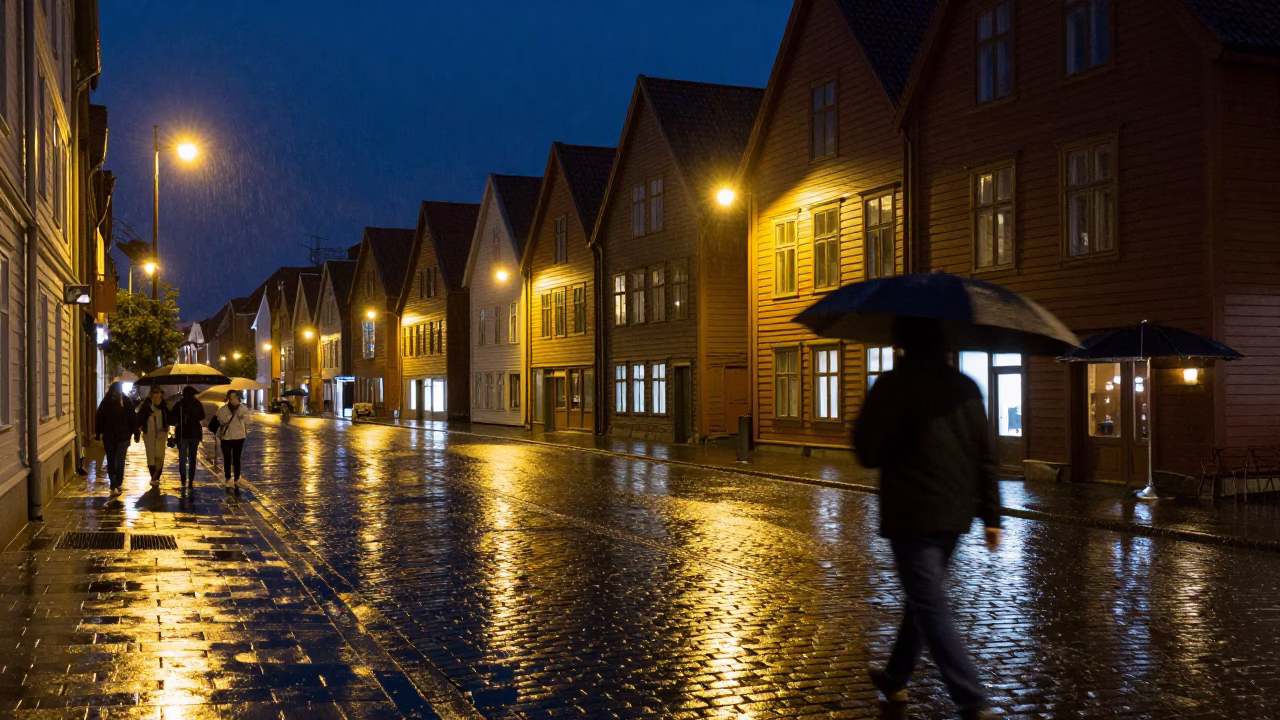 Bergen Norway Night Street Scene with Umbrellas and Cobblestones in in Bergen, Norway