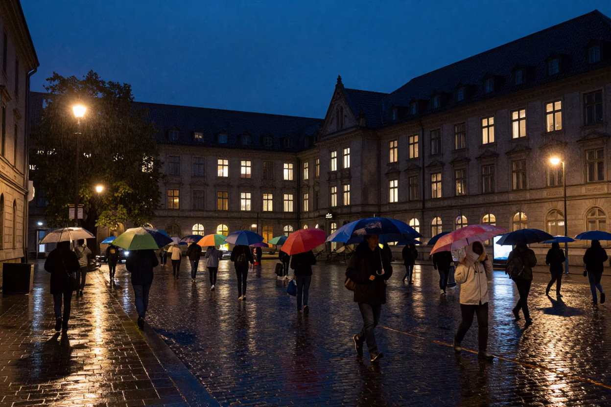 Bergen Norway Night Street Scene with Umbrellas and Wet Cobblestones in in Bergen, Norway