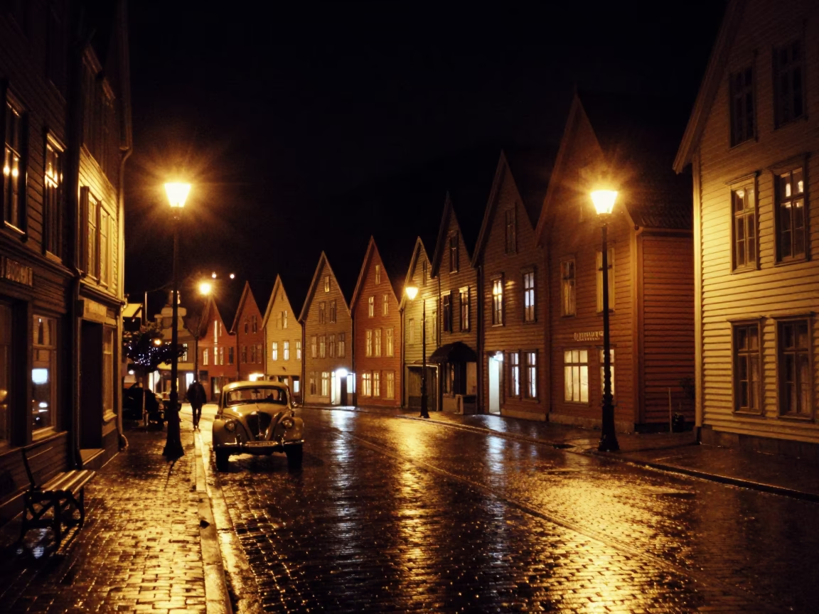 Bergen Norway Night Street Scene with Vintage Car and Illuminated Fjord View in in Bergen, Norway