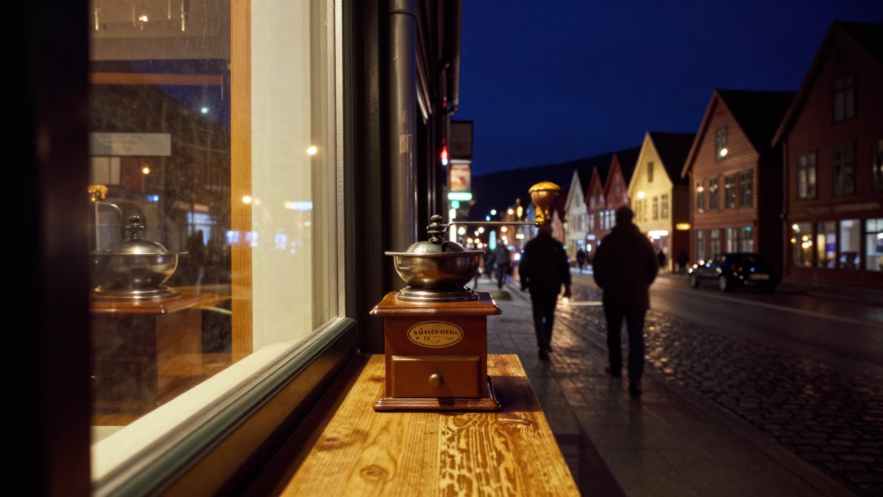 Bergen Norway Night Street Scene with Vintage Coffee Grinder and Harbor Markings in in Bergen, Norway