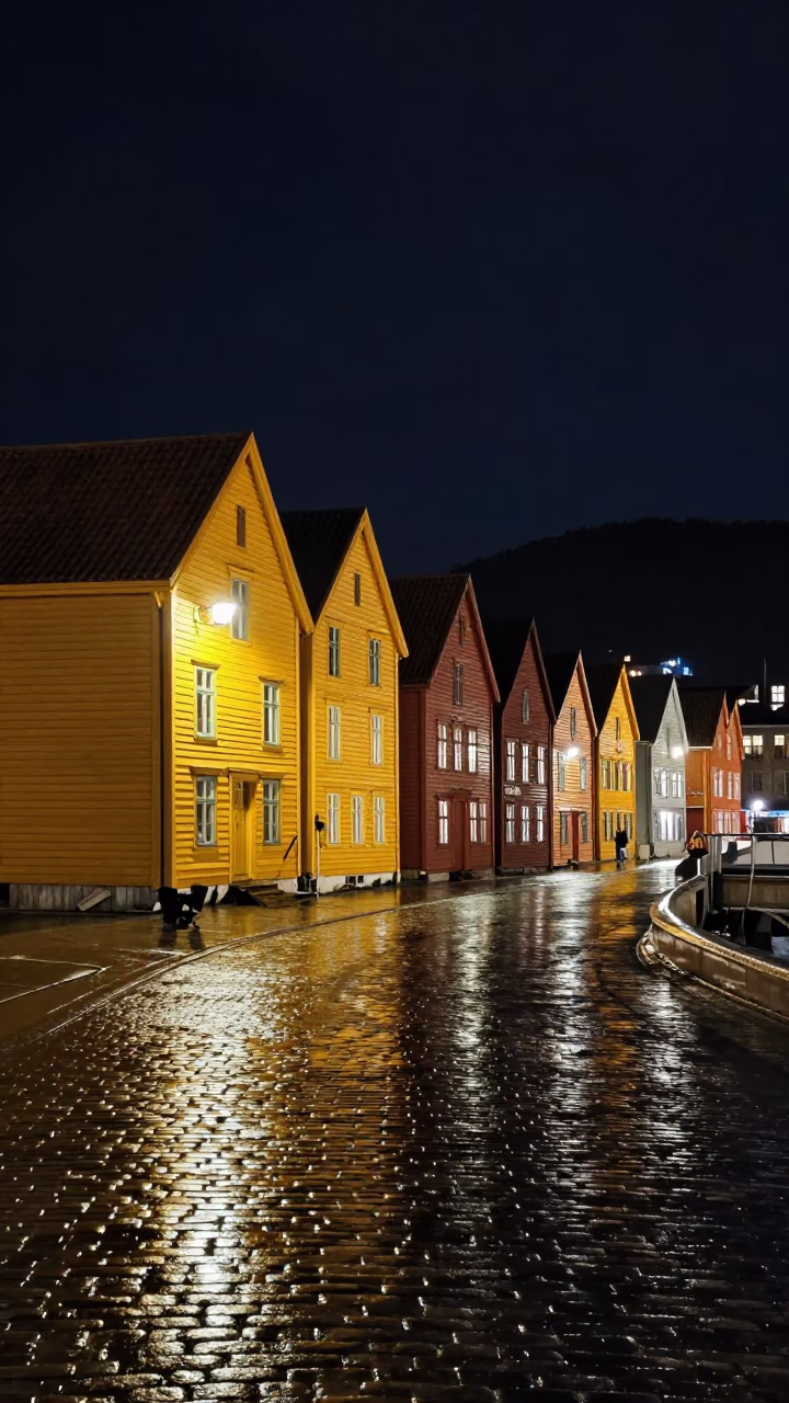 Bergen Norway Night Street Scene with Yellow Wharf Houses and Wet Cobblestones in in Bergen, Norway