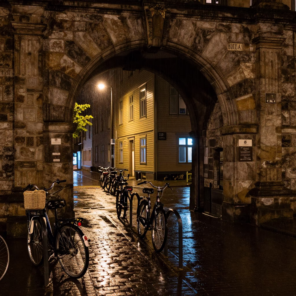 Bergen Norway Night University Archway Wet Bicycle Rack and Twine Fibers in in Bergen, Norway