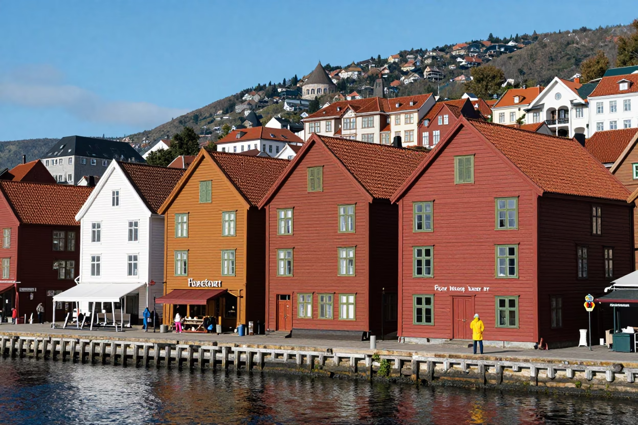 Bergen Norway Noon Light Colorful Hanakwai Houses Bryggen Wharf Realistic 1990s Street Photography in in Bergen, Norway
