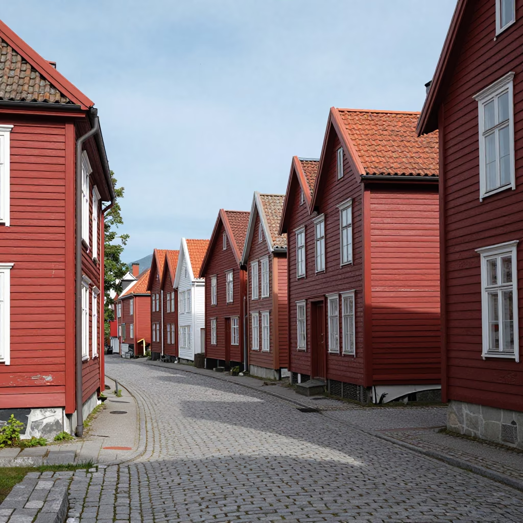 Bergen Norway Noon Street Scene with Red Wooden Houses and Vintage 1980s Aesthetic Details in in Bergen, Norway
