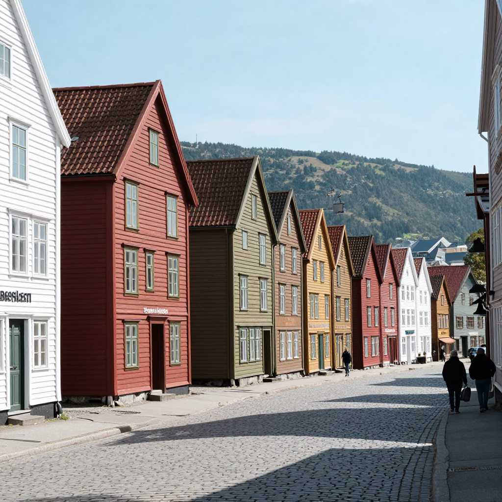 Bergen Norway noon street scene with traditional wooden houses and local pedestrians in in Bergen, Norway