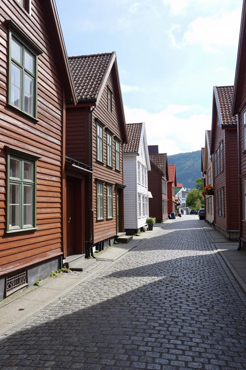 Bergen Norway Noon Street Scene with Wooden Facades and Local Commerce in in Bergen, Norway