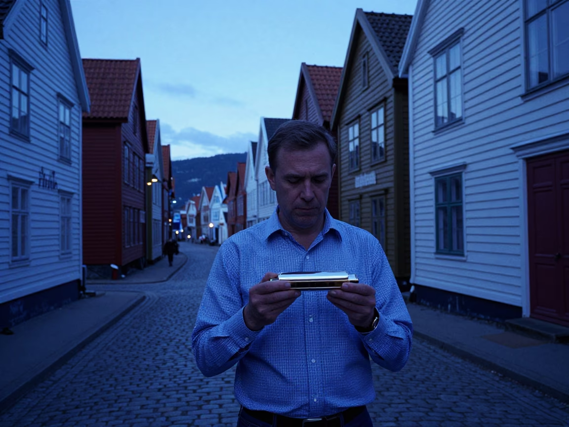 Bergen Norway Pre-Dawn Street Scene with Blue and White Porcelain and Harmonica in in Bergen, Norway