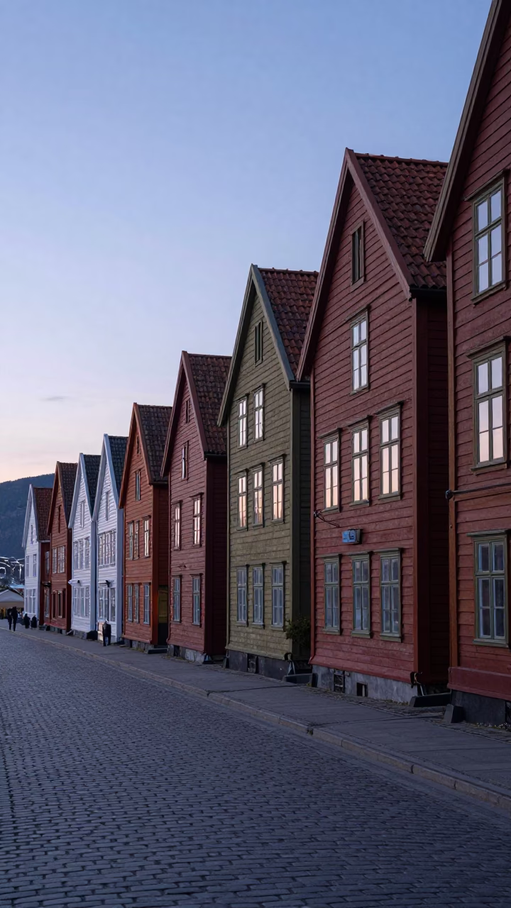 Bergen Norway pre-dawn street scene with colorful wooden houses and quiet harbor in in Bergen, Norway