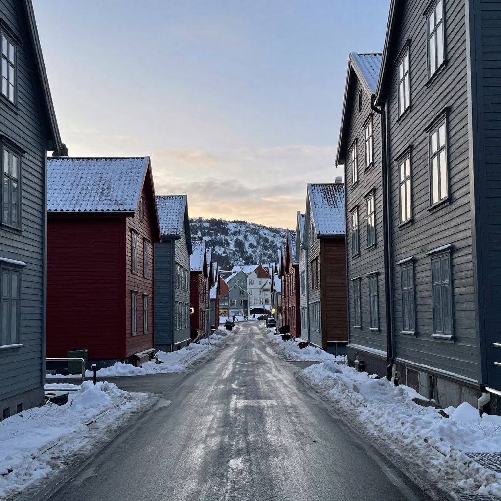 Bergen Norway Pre-Dawn Street Scene with District Heating Pipes and Snow Covered Ground in in Bergen, Norway