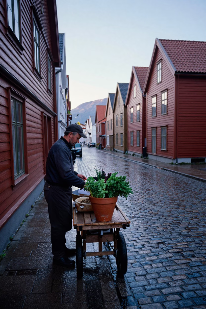 Bergen Norway Pre-Dawn Street Scene with Hammered Metal and Terracotta Pot in in Bergen, Norway