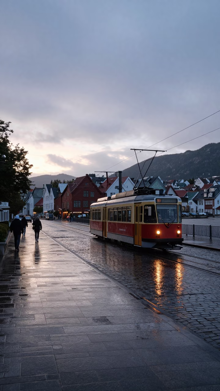 Bergen Norway Pre-Dawn Street Scene with Heritage Tram and Rain-Swept Promenade in in Bergen, Norway