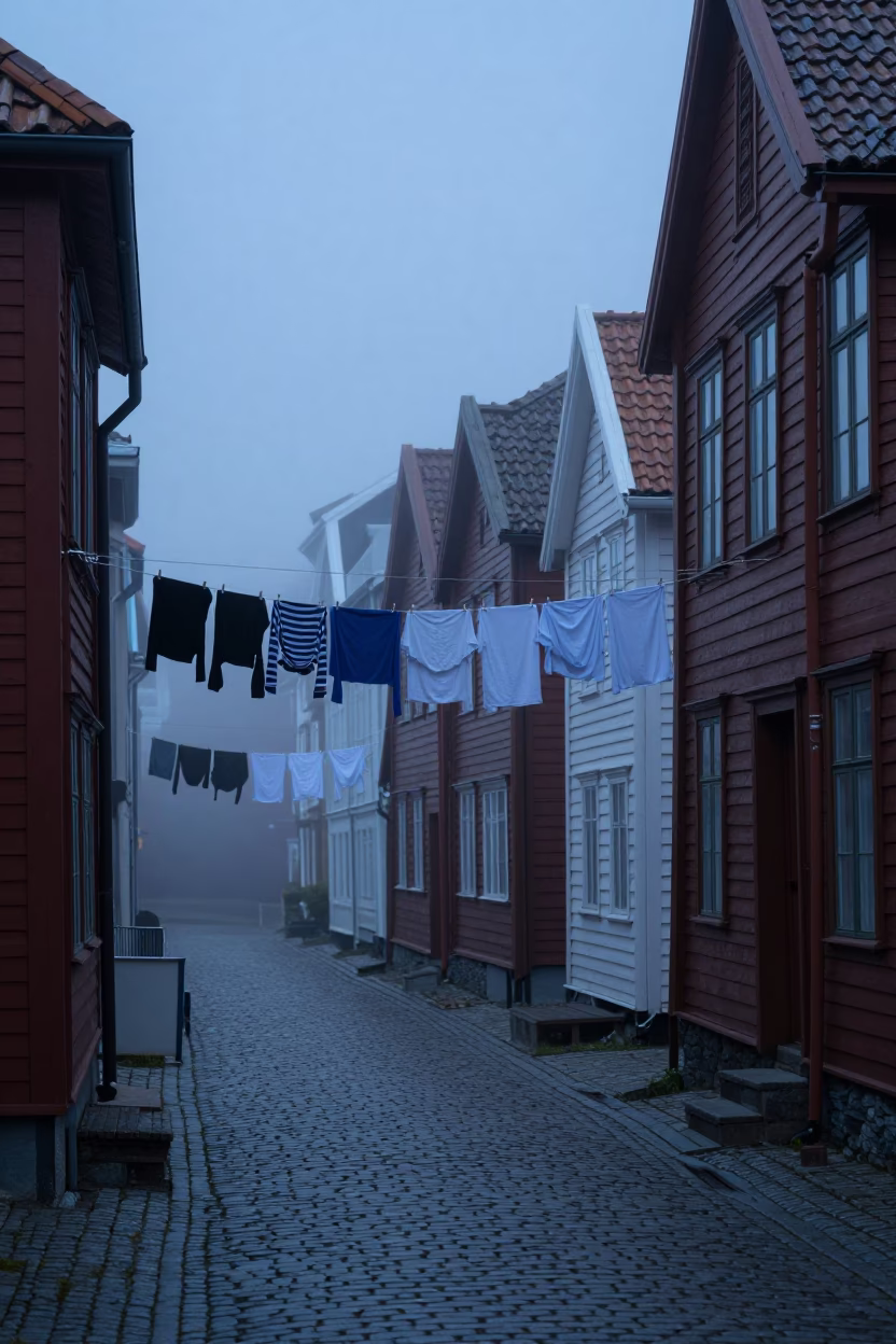 Bergen Norway Pre Dawn Street Scene With Laundry And Urban Clutter in in Bergen, Norway