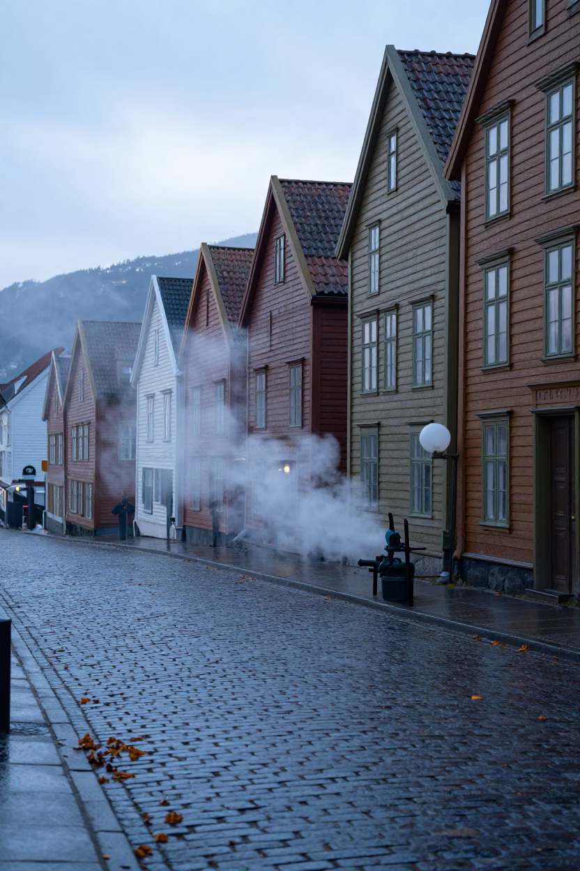Bergen Norway Pre-Dawn Street Scene with Steaming District Heating Pipe and Autumn Leaves in in Bergen, Norway