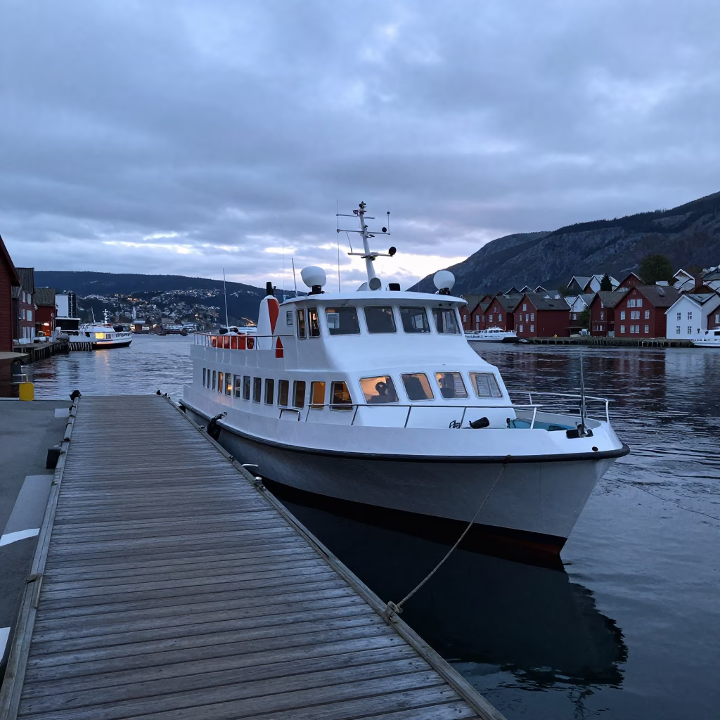 Bergen Norway Pre-Dawn Water Taxi Dock Scene with Muddy Canal and Metal Bucket in in Bergen, Norway