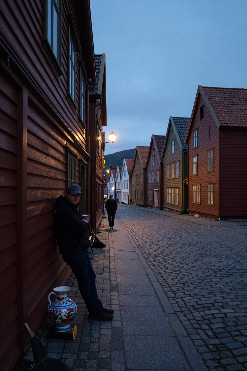 Bergen Norway Predawn Street Scene with Broom and Vintage Majolica Plate in in Bergen, Norway