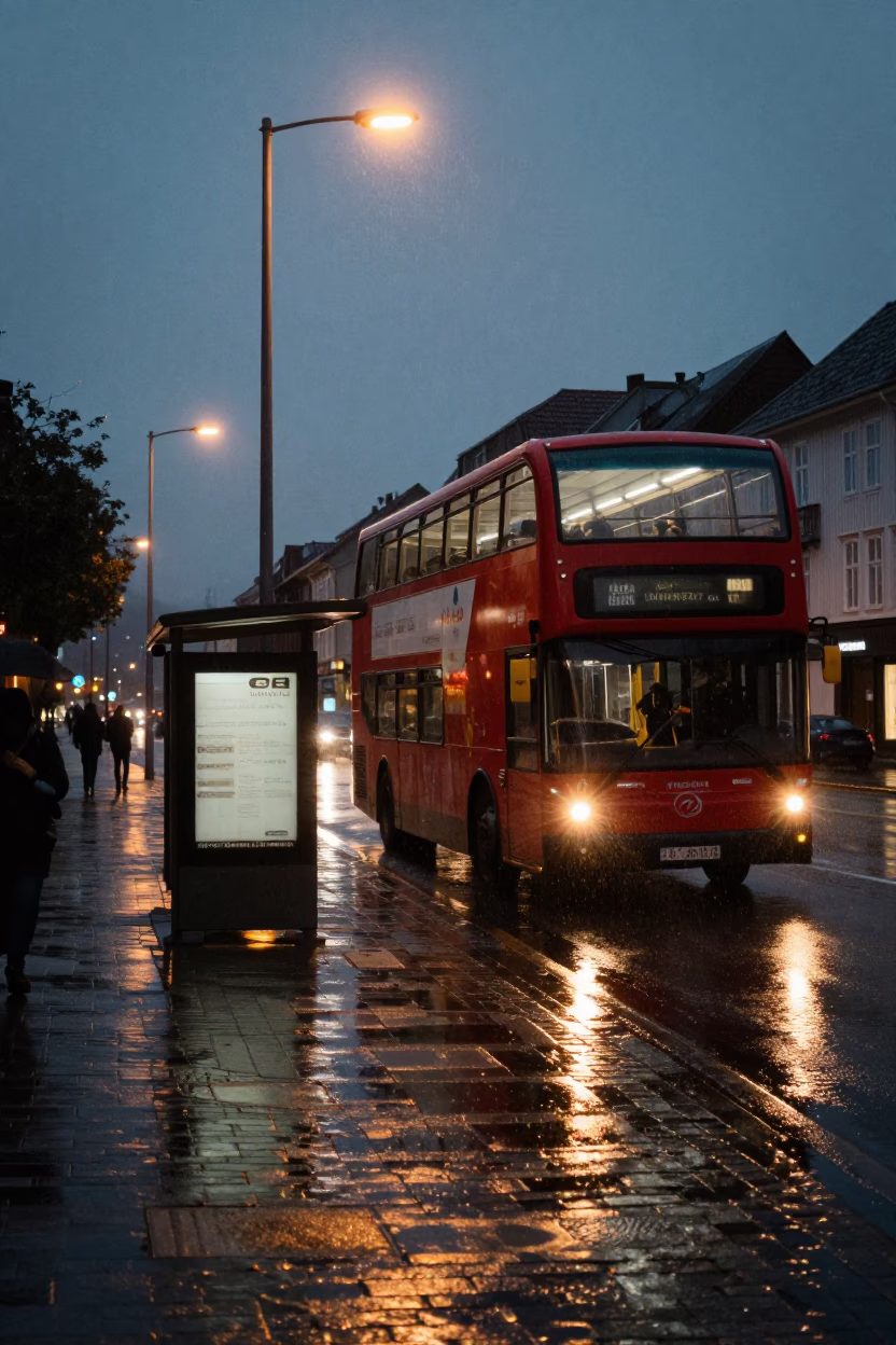 Bergen Norway Predawn Street Scene with Double Decker Bus and Rain in in Bergen, Norway