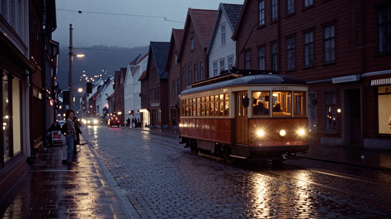 Bergen Norway Predawn Street Scene with Heritage Tram and Cobblestones in in Bergen, Norway