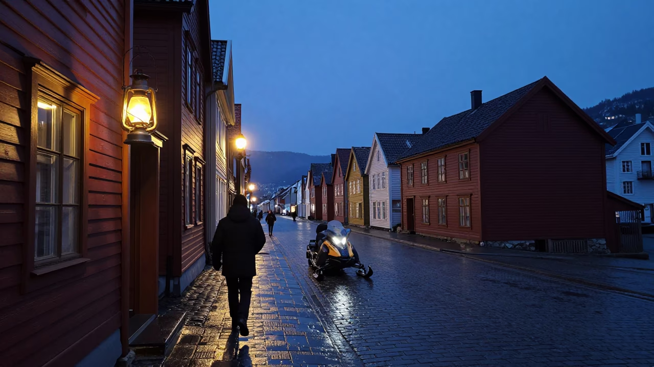 Bergen Norway Predawn Street Scene with Oil Lamp and Snowmobile in Darkness in in Bergen, Norway